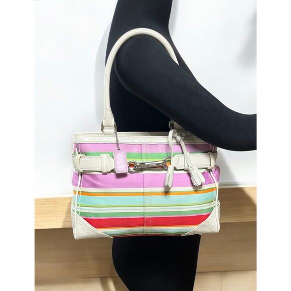 Y2K Coach F10704 Hamptons Stripe Satchel Bag & Large Wristlet - Picture 10 of 16